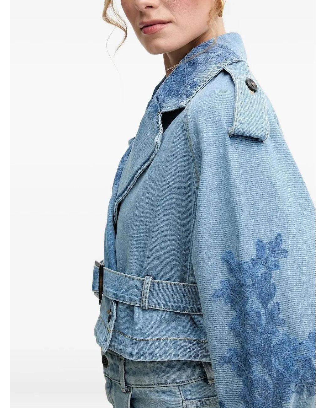 ERMANNO FIRENZE Blue Embroidered Belted Denim Jacket