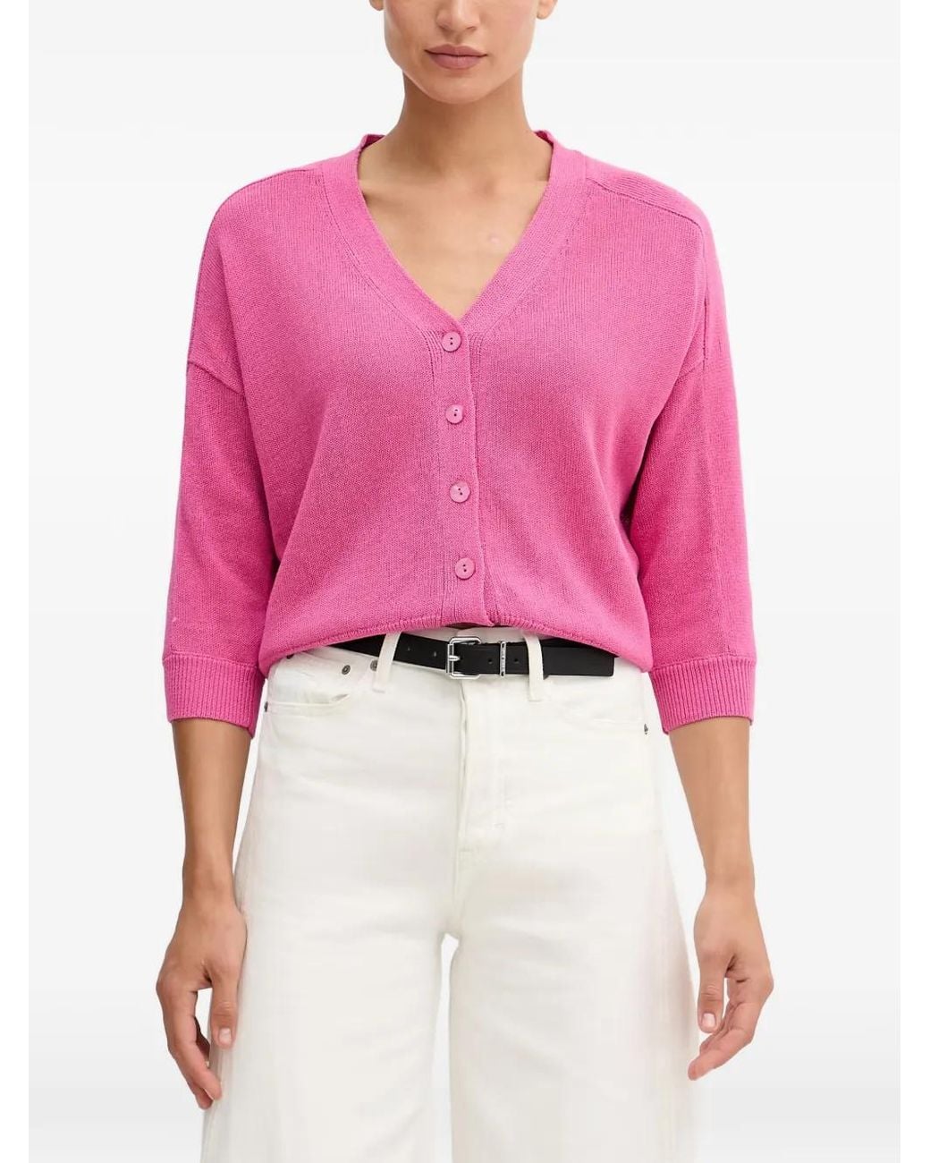 MARC AUREL Pink V-Neck Three-Quarter Sleeve Cardigan