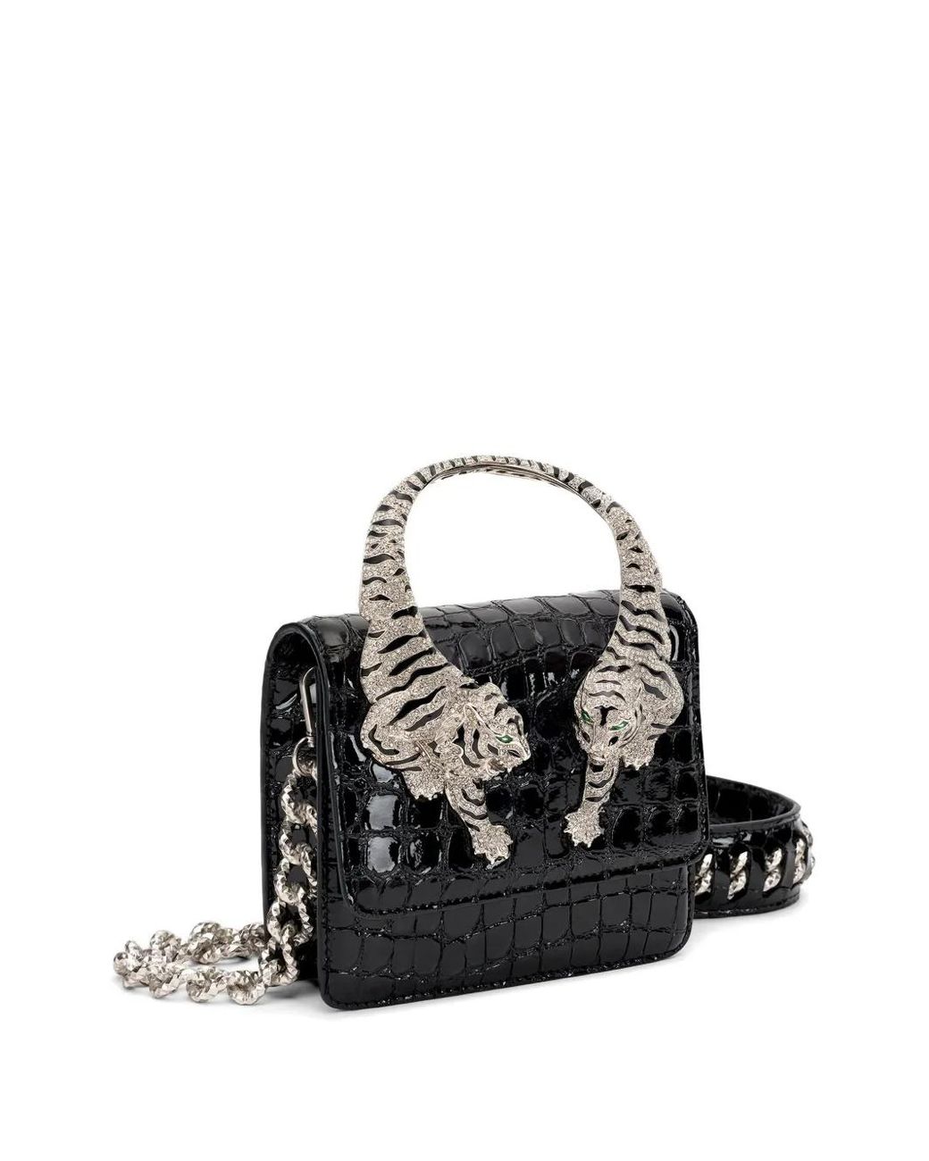 Roberto Cavalli Black Croc-Effect Tiger-Handle Clutch Bag