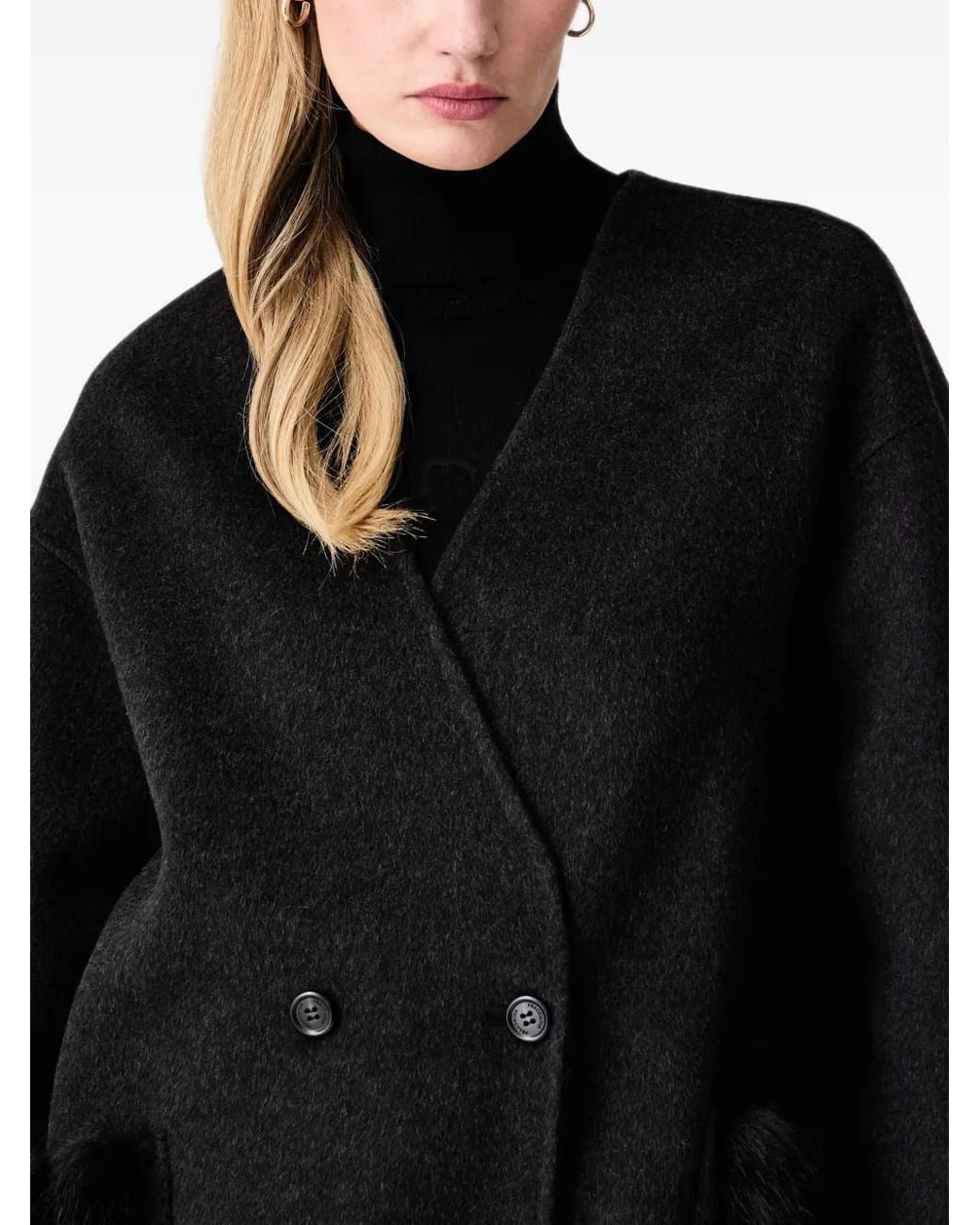 Fracomina Black Faux-Fur Trim Double-Breasted Coat