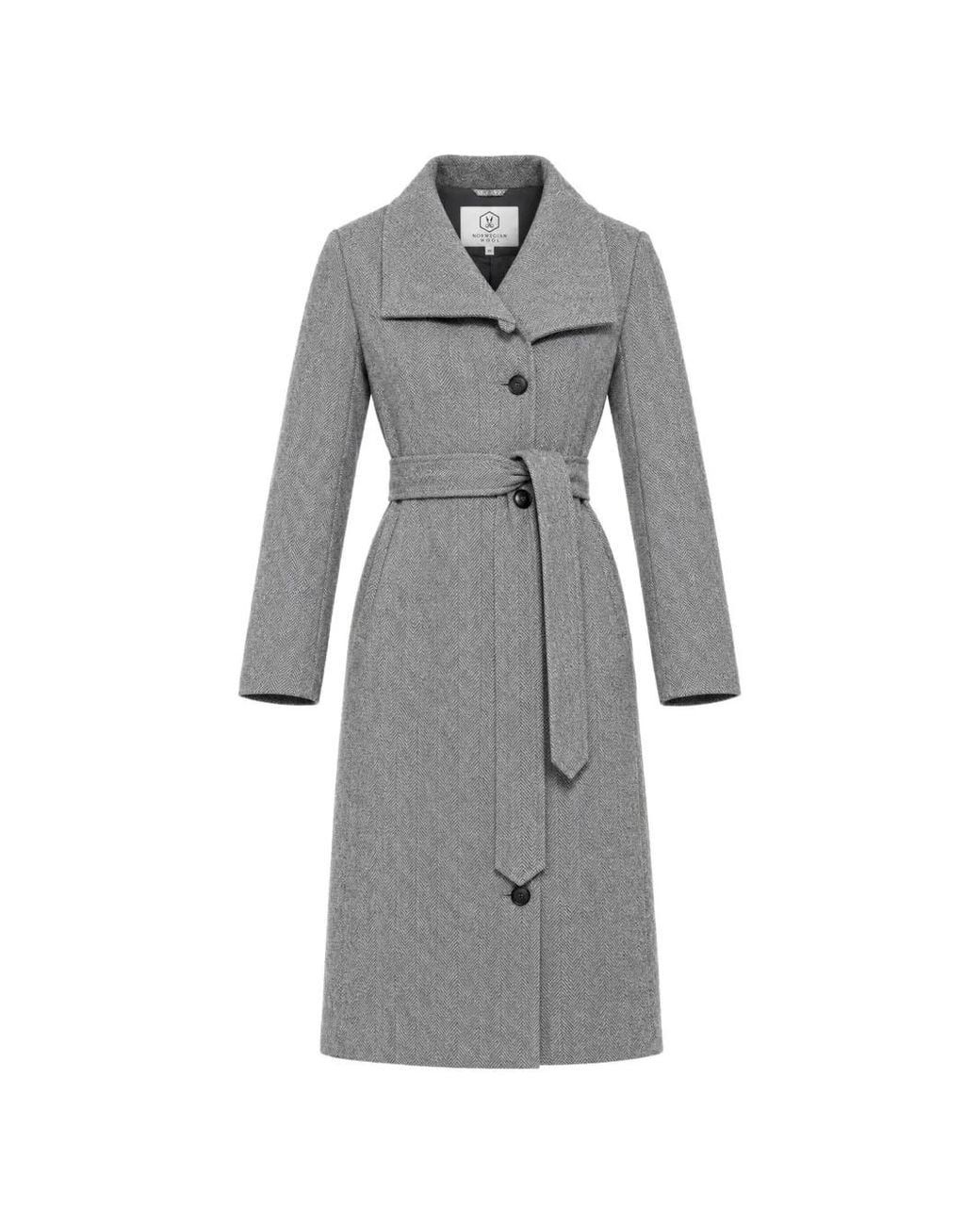 Norwegian Wool Gray Herringbone Belted Coat
