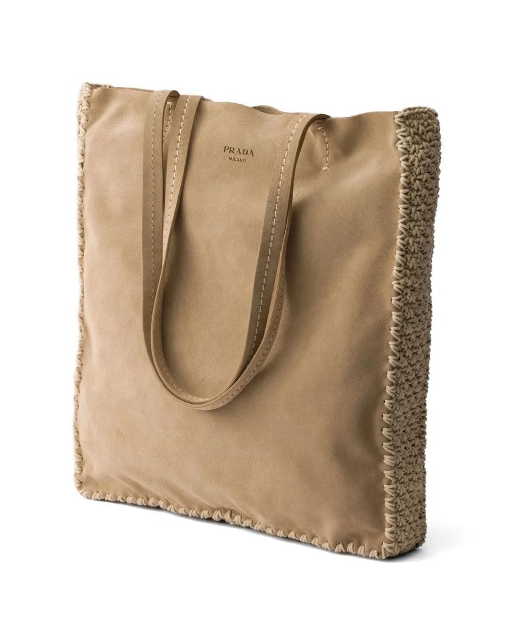 Prada Natural Large Suede And Crochet Tote Bag