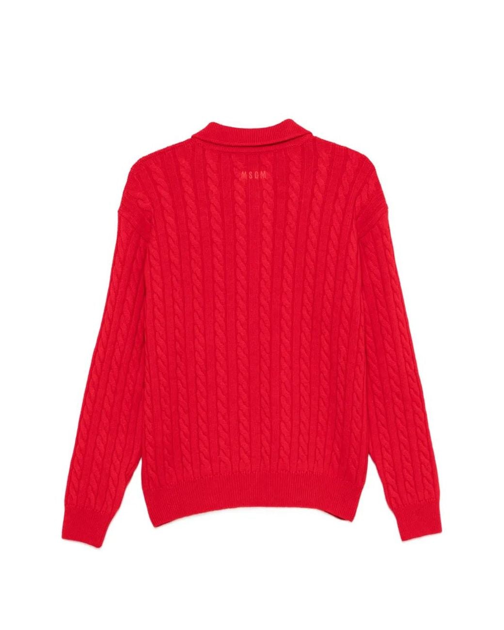 MSGM Red Cable-Knit Polo Sweater