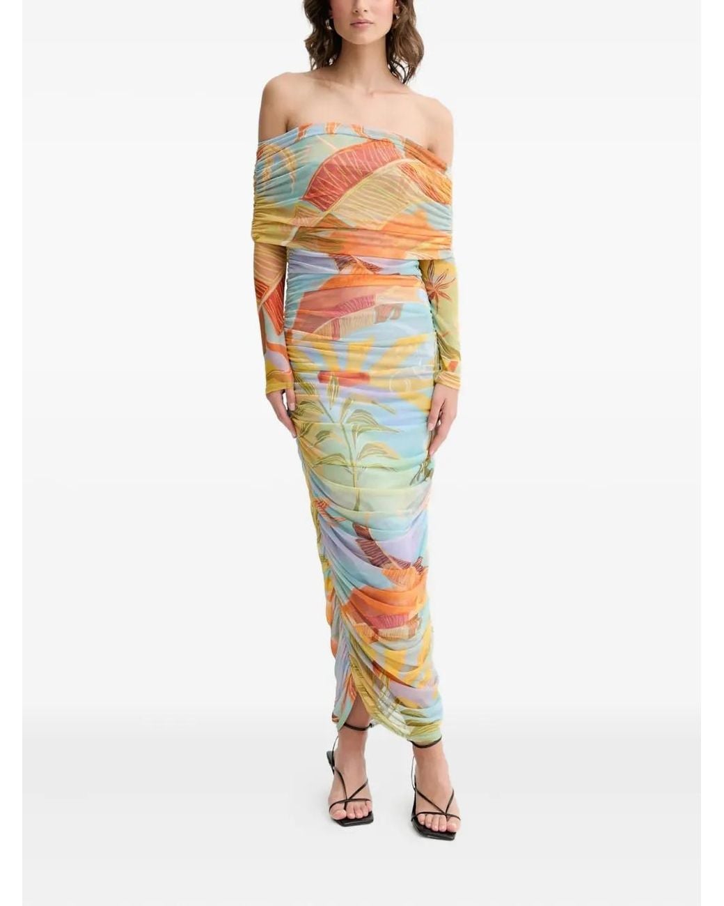 Never Fully Dressed Blue Ruched Off-Shoulder Maxi Dress