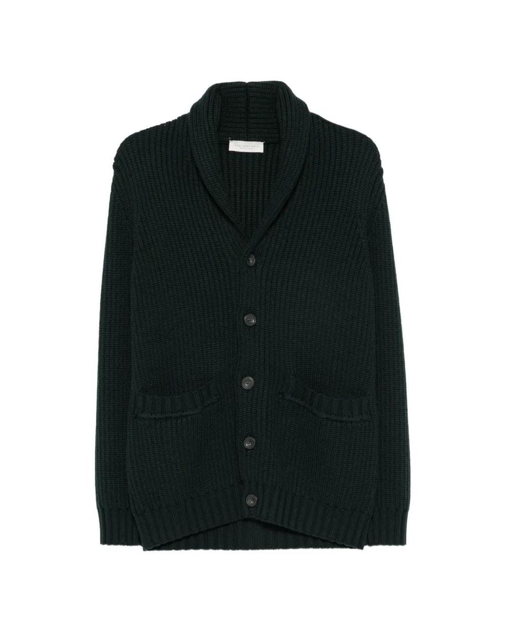 LUIGI GENTILE Black Ribbed-Knit Shawl-Collar Cardigan for men