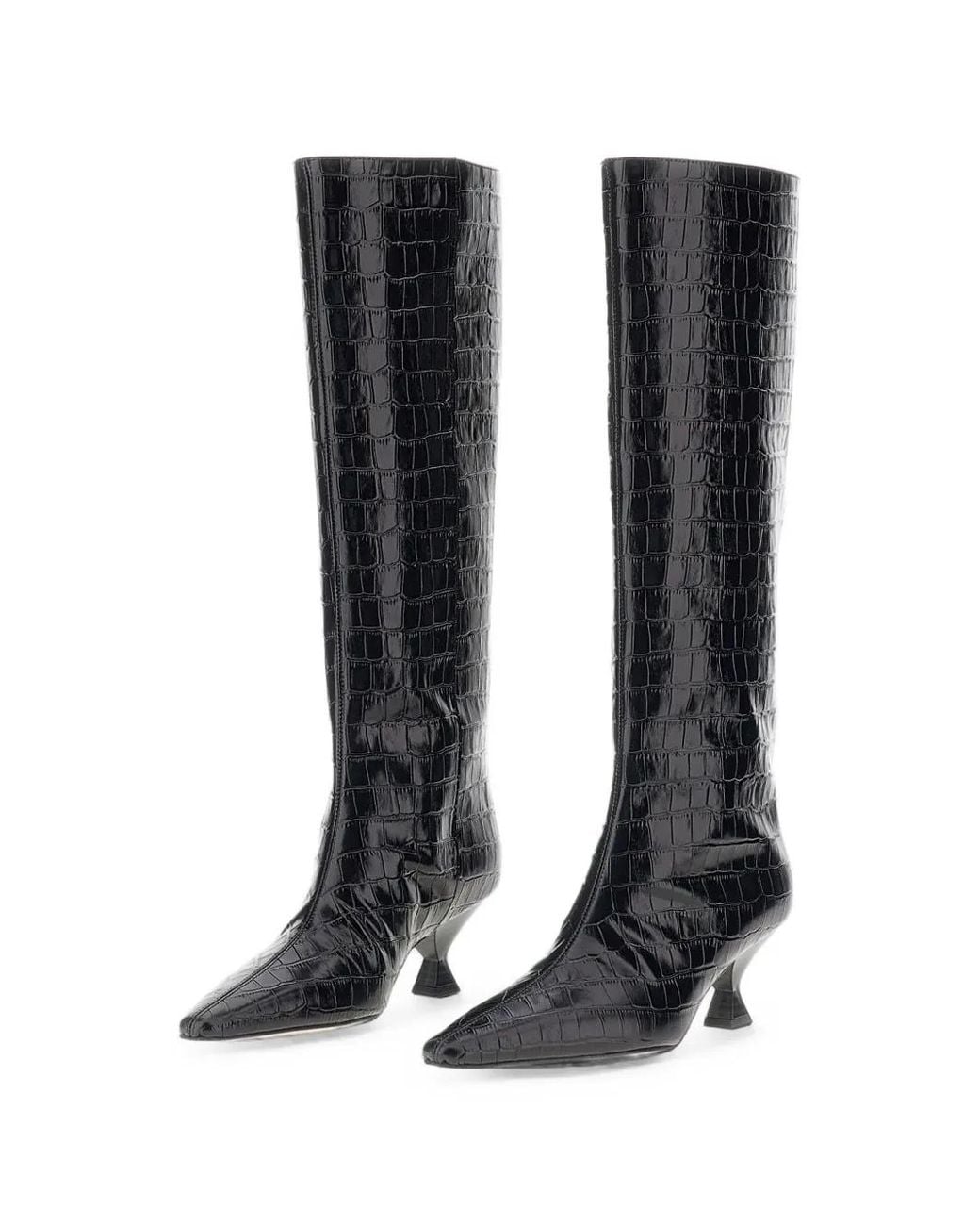 MARIA LUCA Black Noa Croc-Effect Knee-High Boots