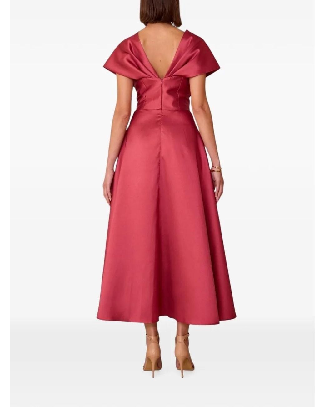 Charo Ruiz Red Pleated-Bodice V-Neck Midi Dress