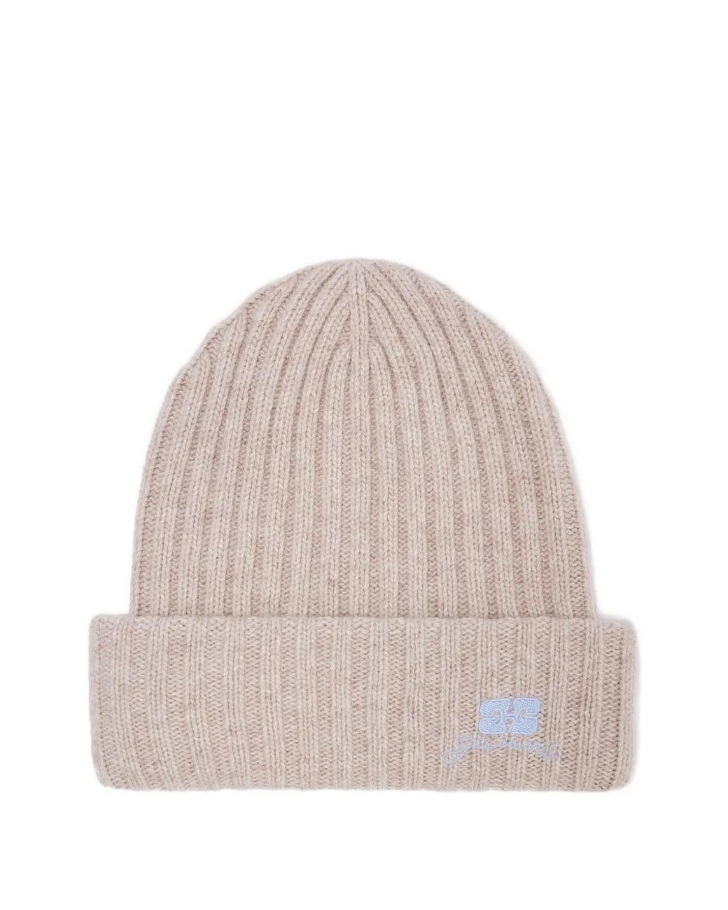 Ganni Natural Ribbed Logo-Detail Beanie Hat