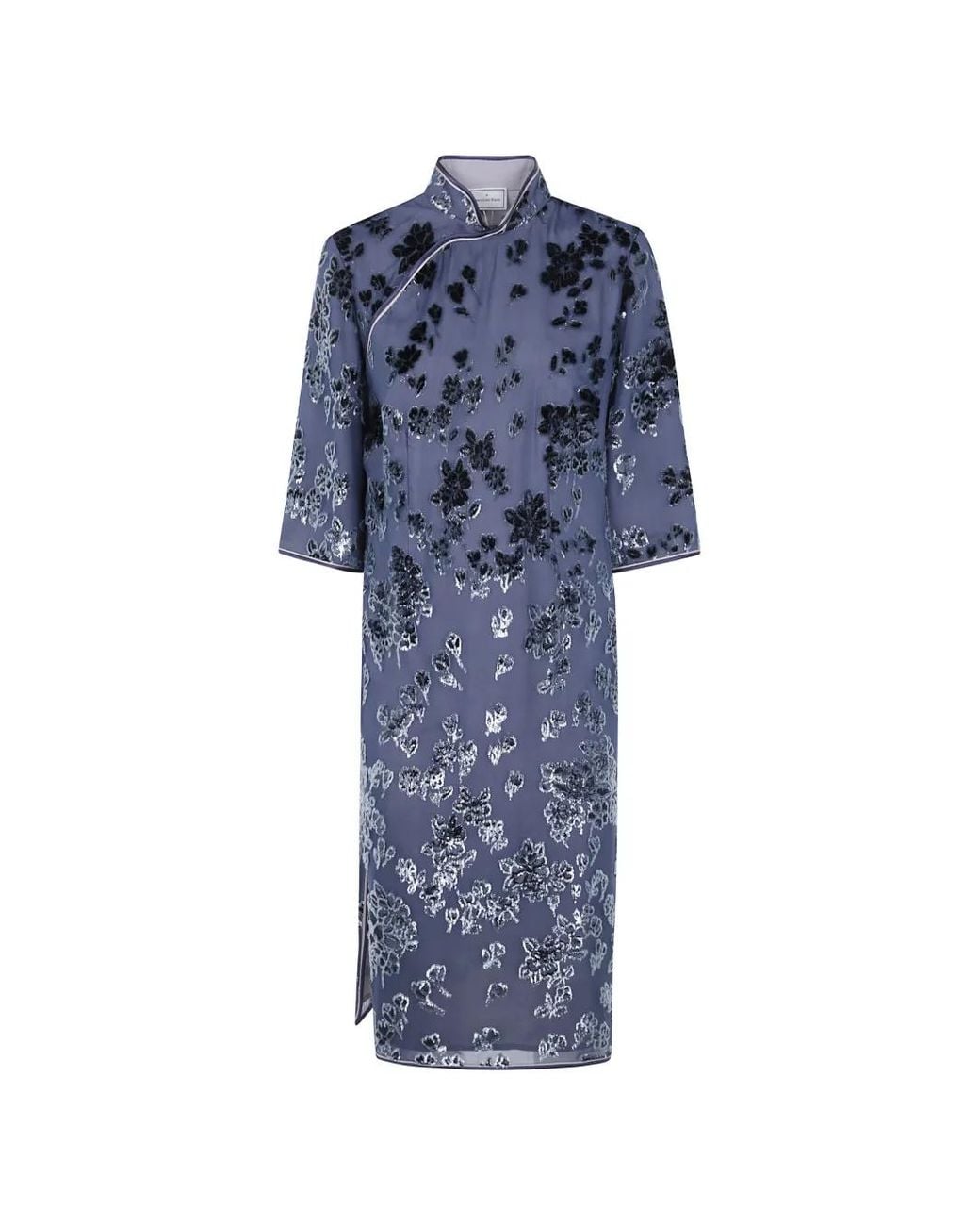 Pierre Louis Mascia Blue Floral-Devoré Mandarin-Collar Midi Dress