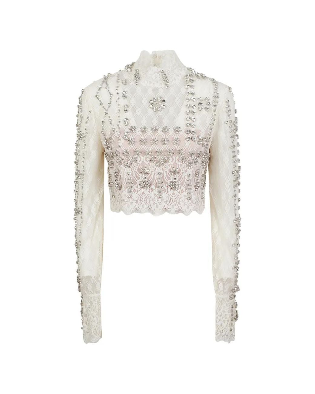 Costarellos White Crystal-Embellished Lace Blouse