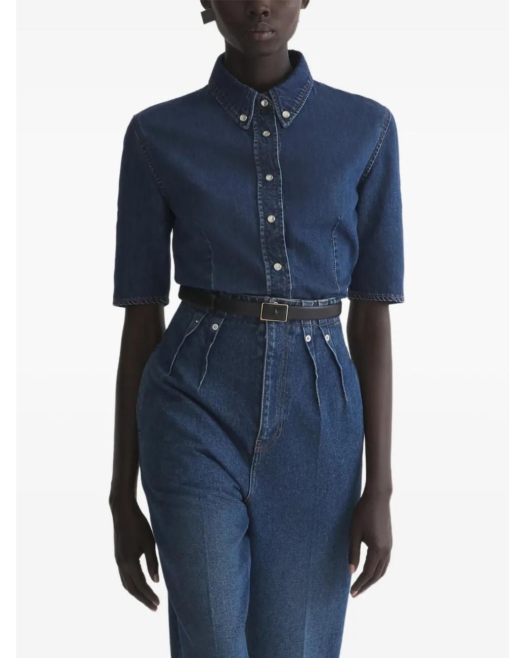 Mugler Blue Denim Fitted Short Sleeve Shirt