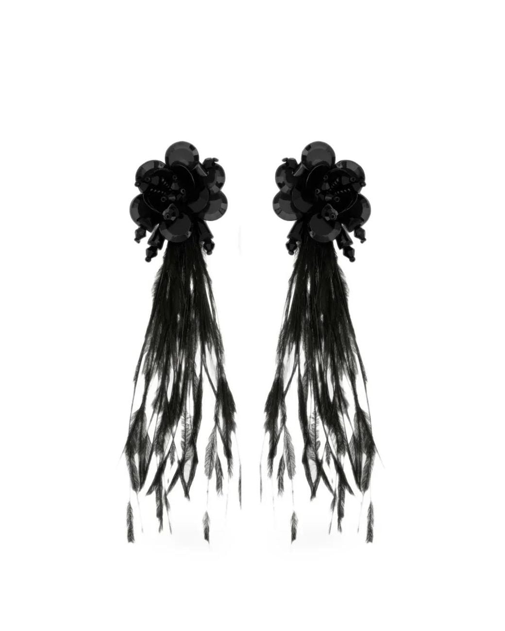 Oscar de la Renta Black Floral Feather-Fringe Earrings
