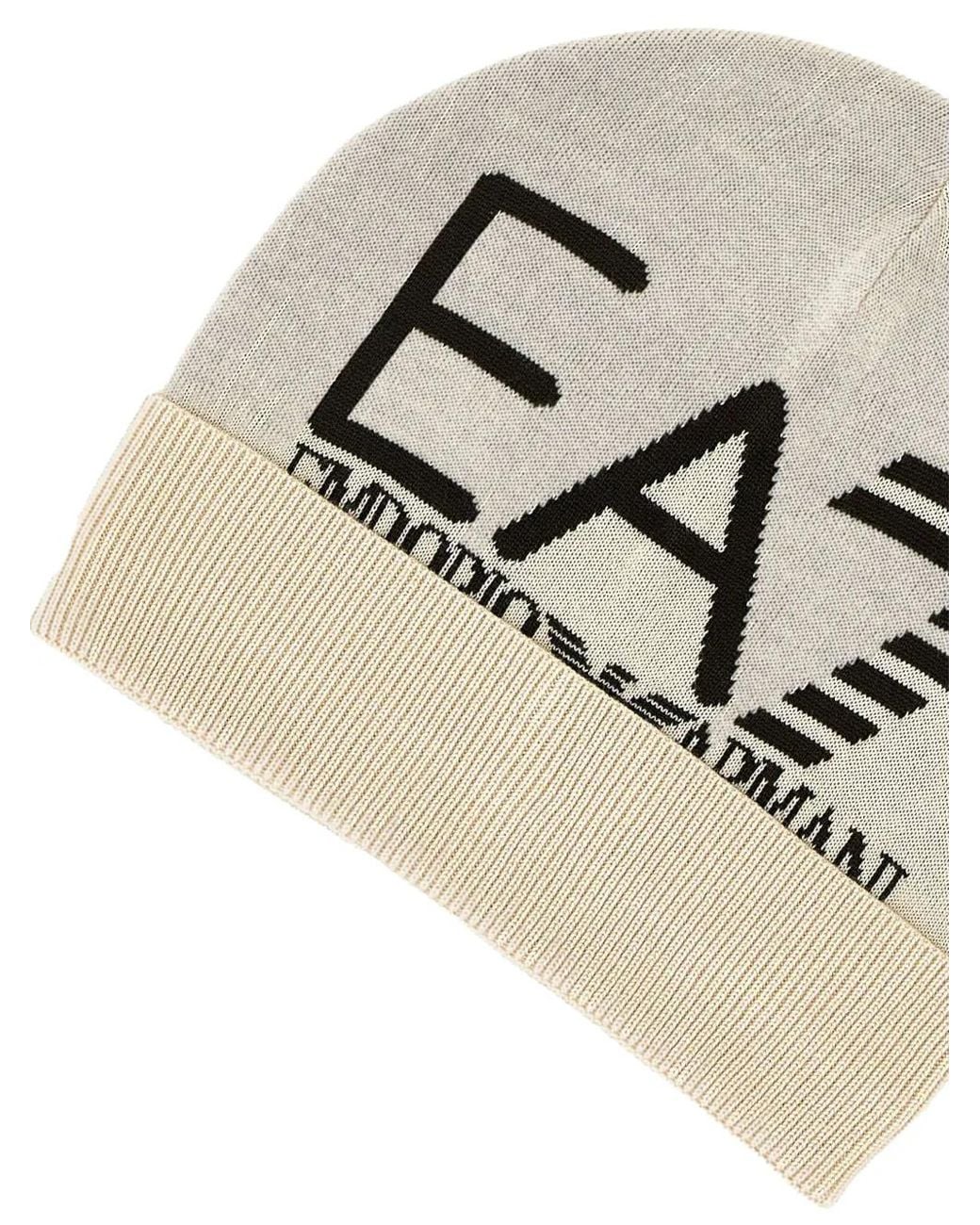 EA7 Gray Logo-Jacquard Ribbed-Cuff Beanie Hat for men