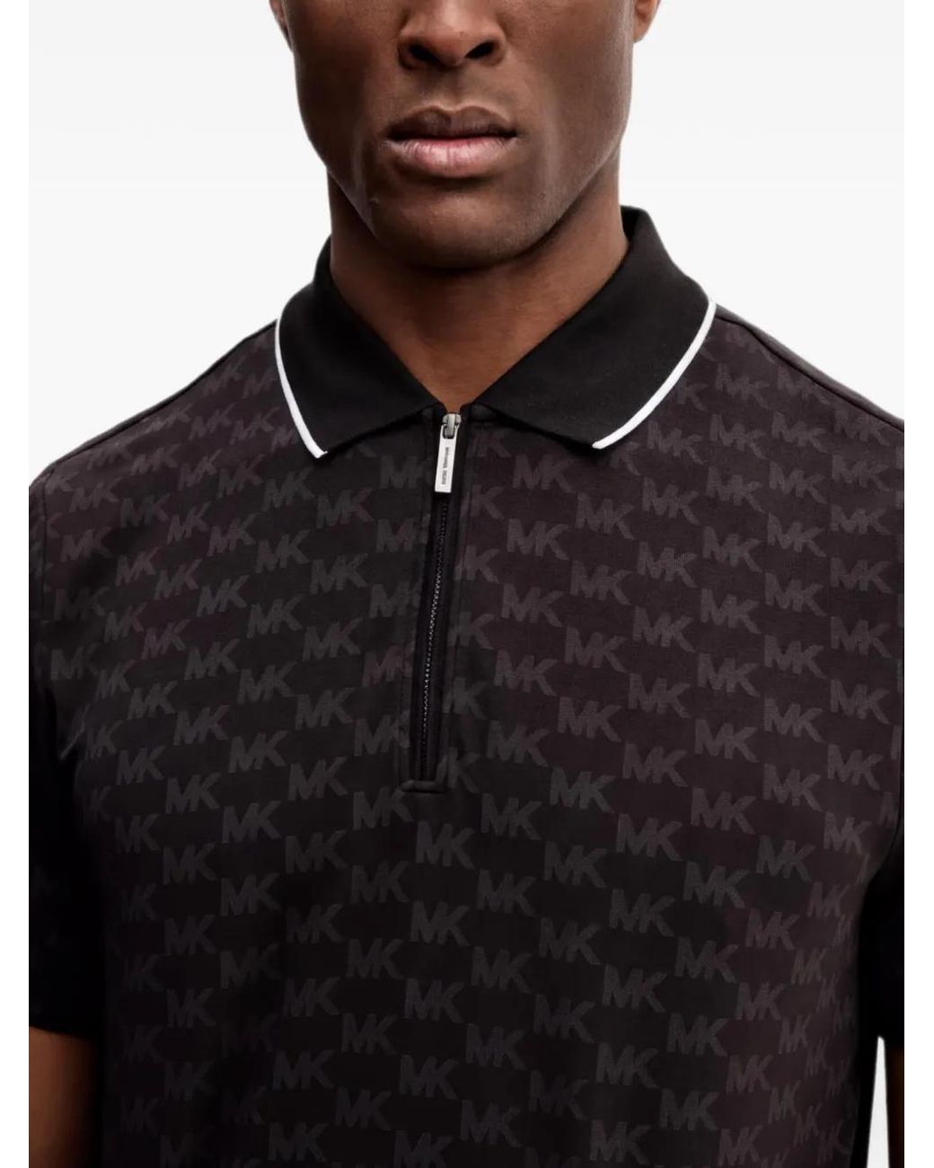 Michael Kors Black Monogram-Pattern Zipped Polo Shirt for men