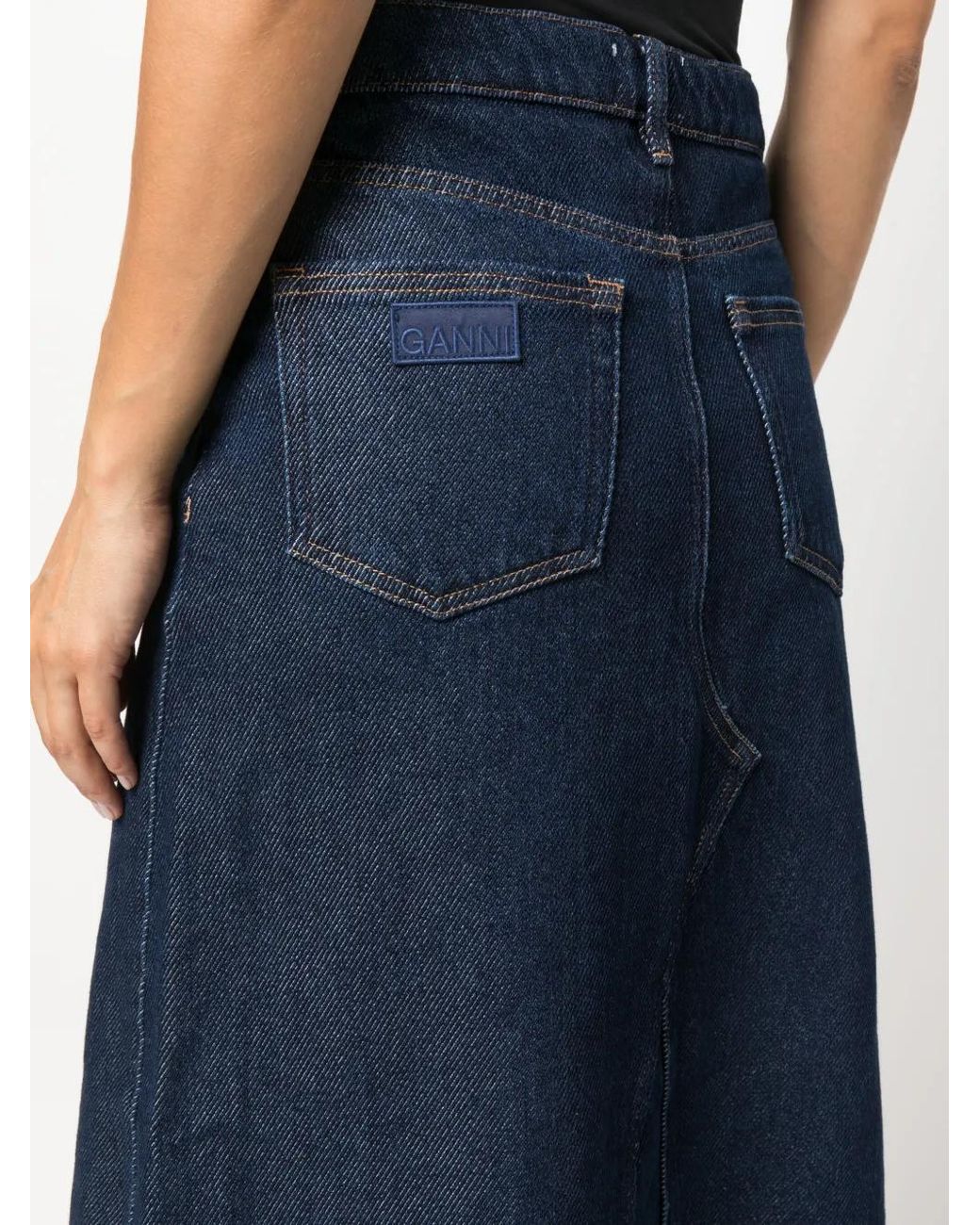 Ganni Blue Heavy Raw-Cut Hem Denim Midi Skirt