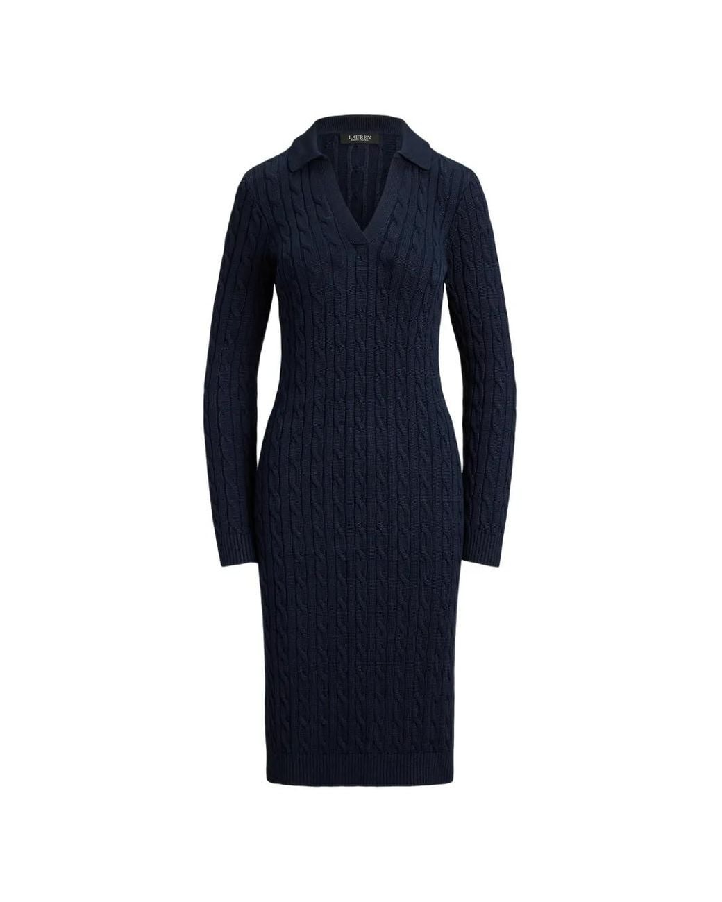 Ralph Lauren Blue Cable-Knit Collared Midi Dress