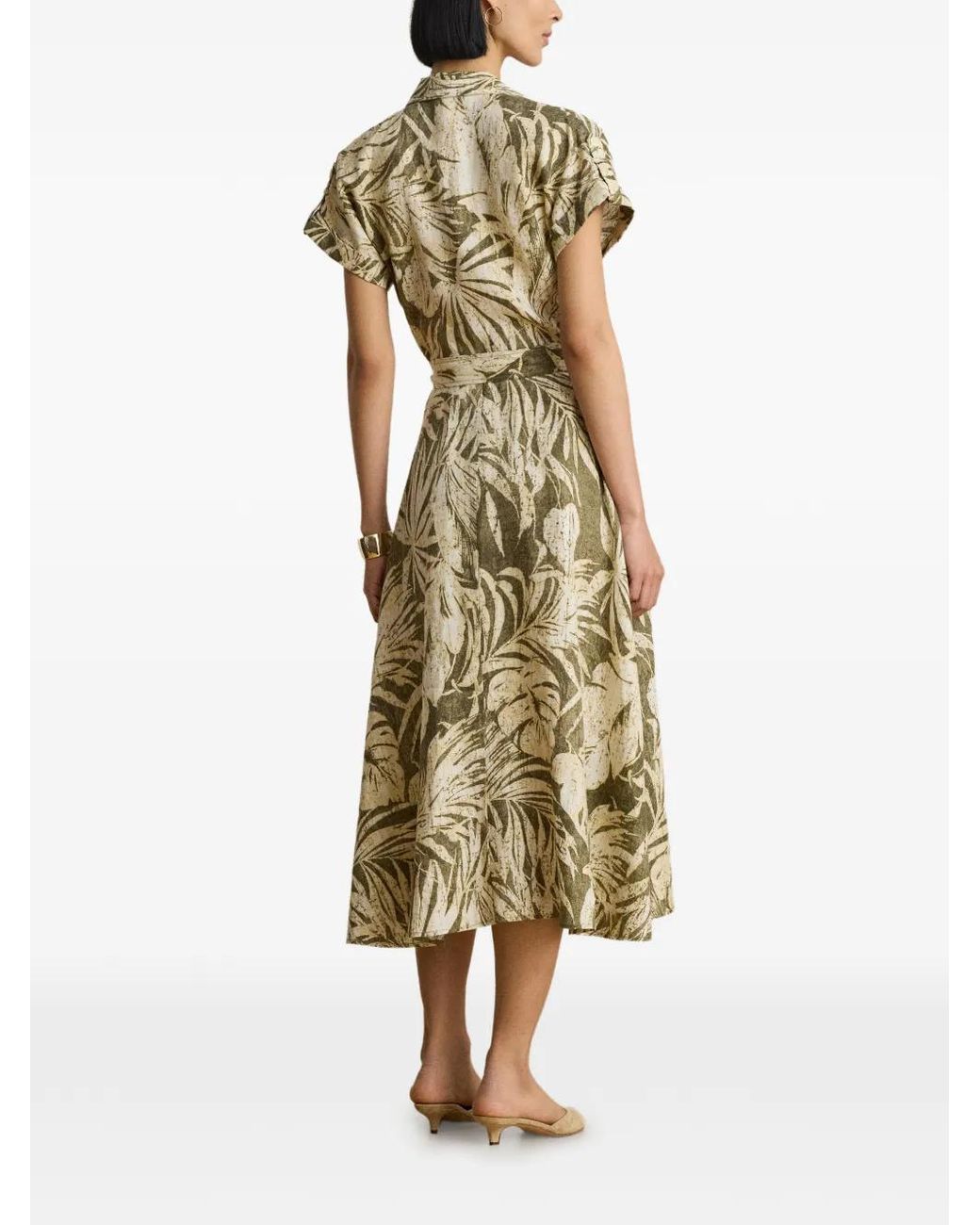 Ralph Lauren Metallic Palm-Frond-Print Camp Midi Shirt Dress