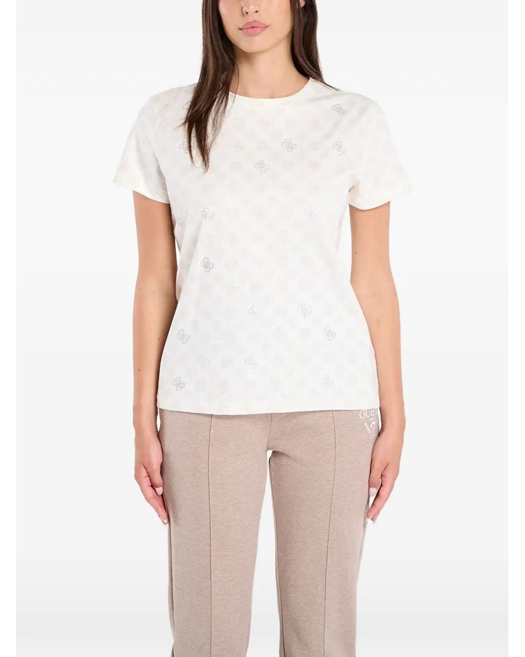 Guess White T-Shirt À Imprimé Monogrammé Et Strass