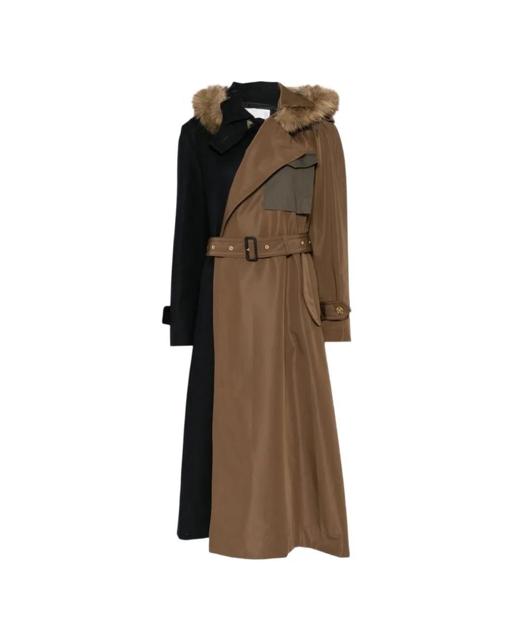 Sacai Natural Faux Fur-Trim Belted Coat