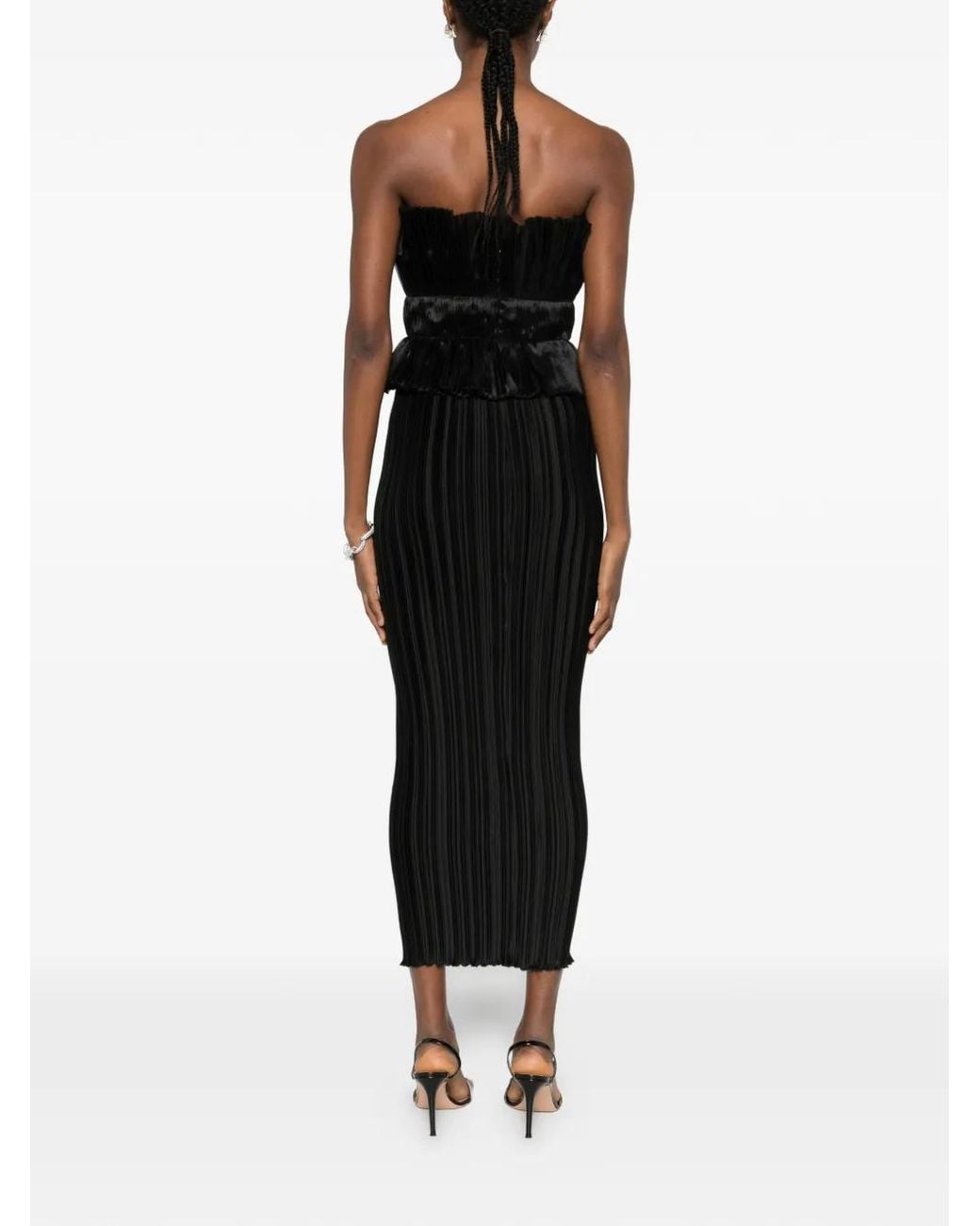 L'idée Black Ruffled Pleated Midi Dress