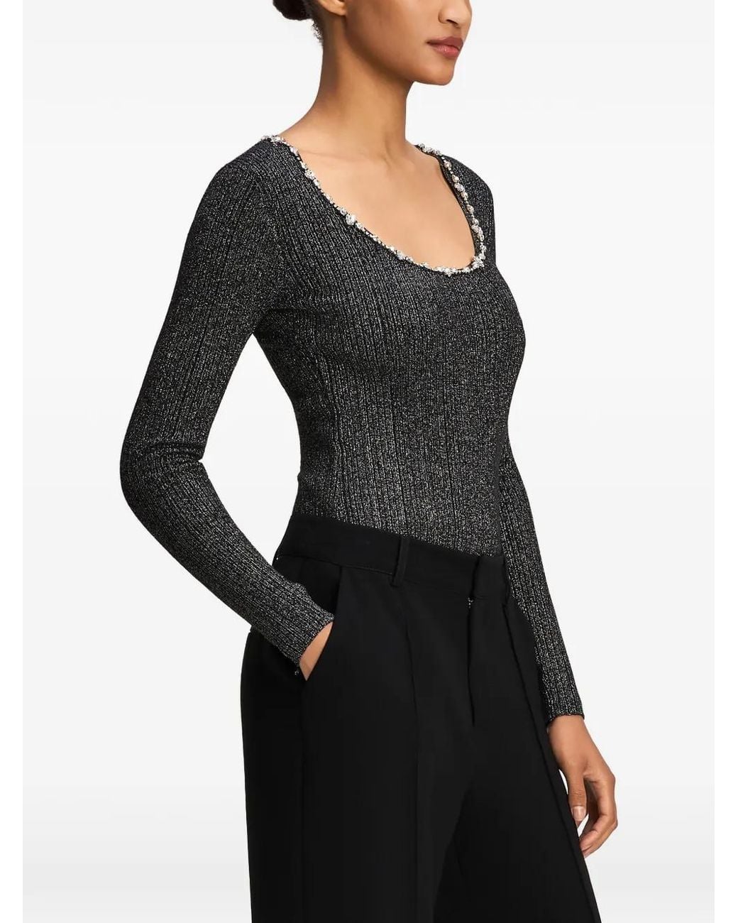 Cinq À Sept Black Aminta Crystal-Embellished Ribbed T-Shirt