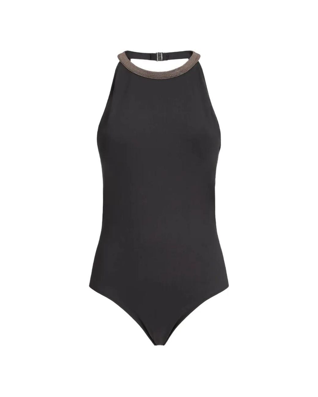 Brunello Cucinelli Blue Monili-Embellished Halterneck Swimsuit