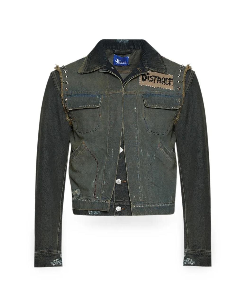 Marking Distance Green Stud-Embellished Layered Denim Jacket for men