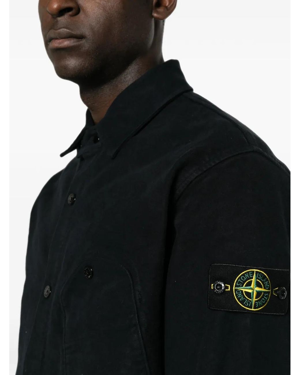 Stone Island Black Logo-Patch Button-Up Shirt for men