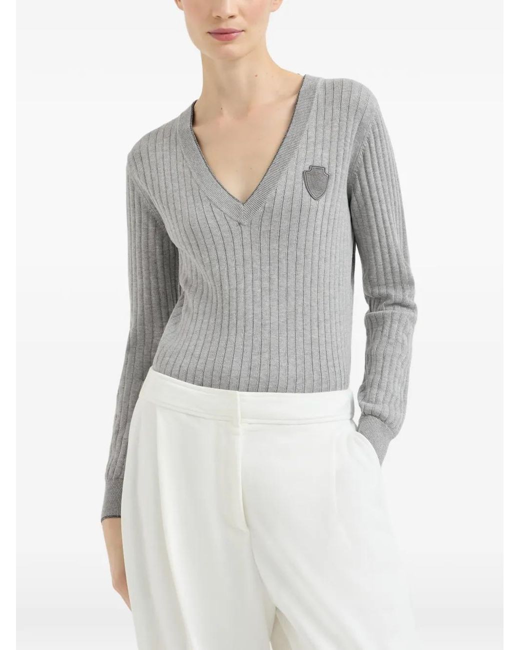 Brunello Cucinelli Gray Pull Côtelé En Coton Avec Logo