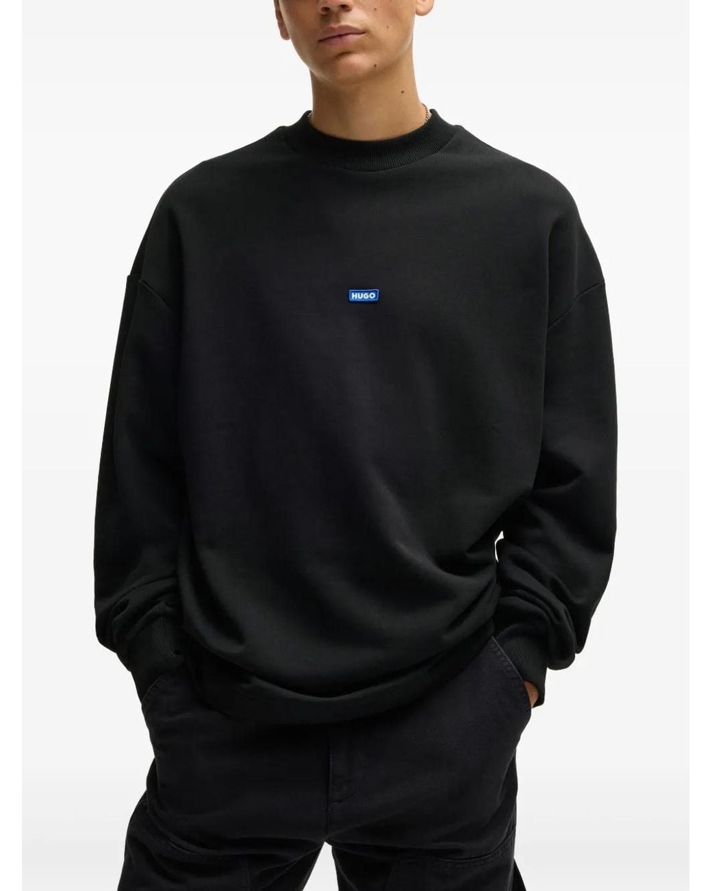 HUGO Black Cotton-Terry Sweatshirt With Logo Patch for men
