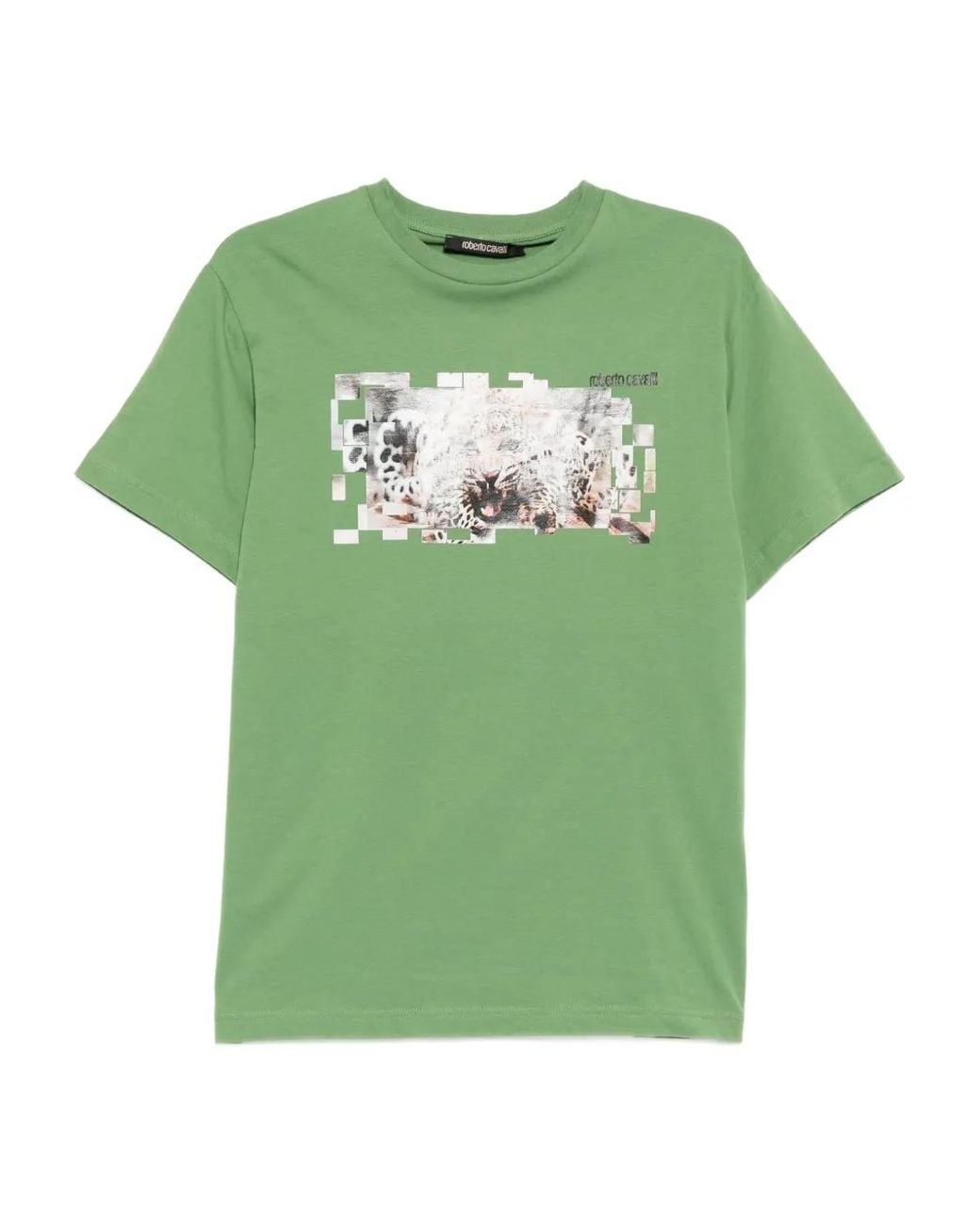 Roberto Cavalli Green Graphic-Print Cotton T-Shirt for men