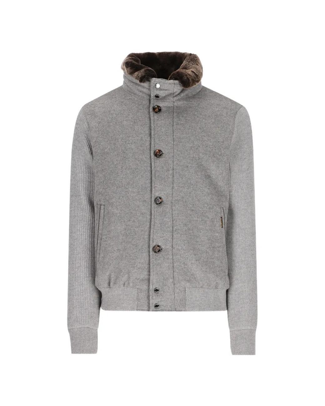 Moorer Gray Ribbed-Knit Sleeve Fur-Collar Jacket for men