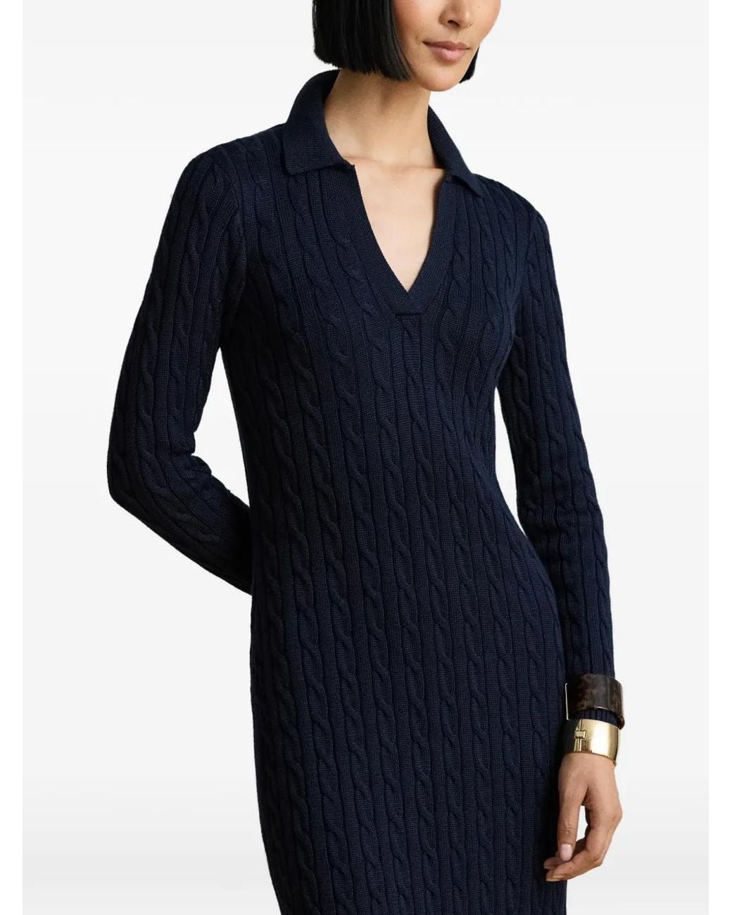 Ralph Lauren Blue Cable-Knit Collared Midi Dress