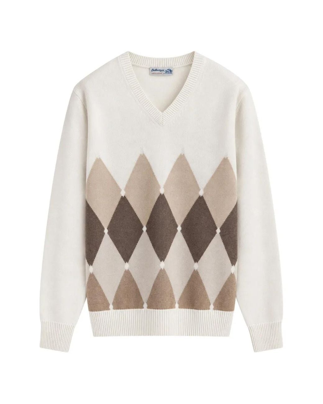 Ballantyne White Argyle-Intarsia V-Neck Sweater for men