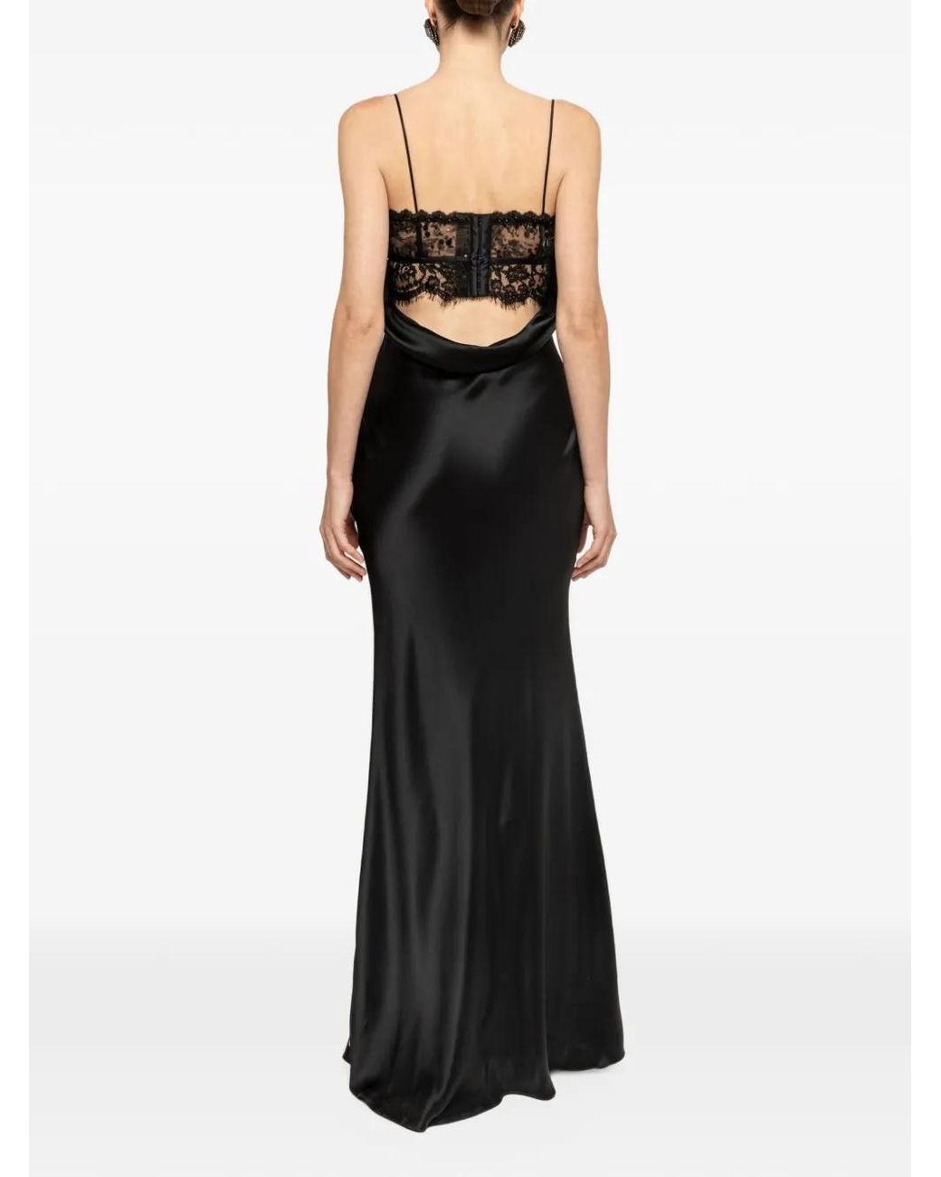Nissa Black Lace-Panel Satin Maxi Dress