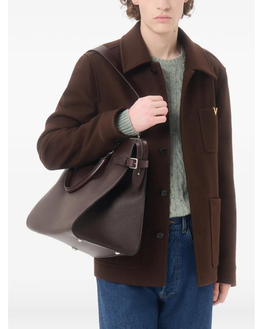 Valentino Garavani Brown Vlogo-Plaque Virgin-Wool Shirt Jacket for men