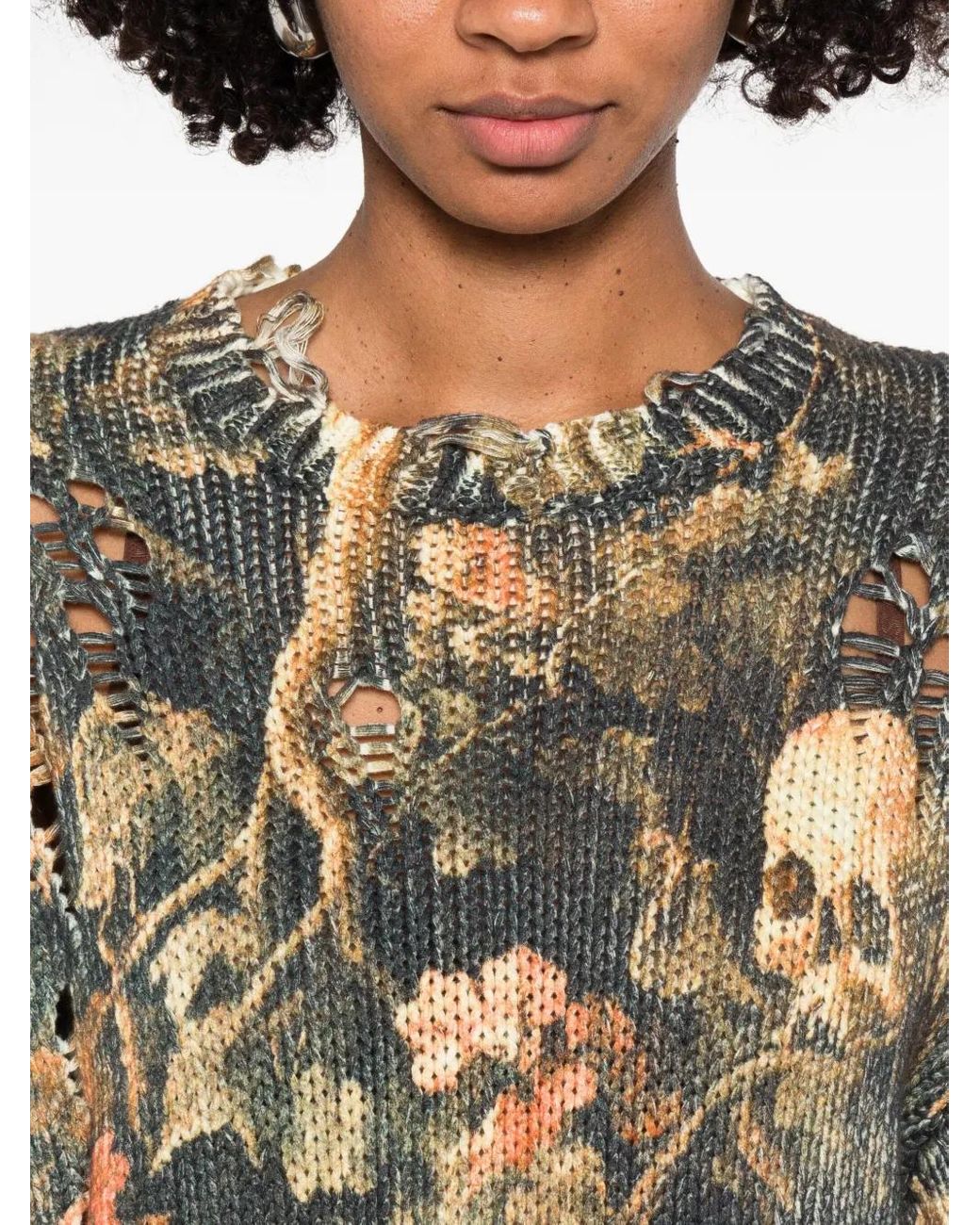 R13 Green Graphic-Print Raw-Cut Jumper