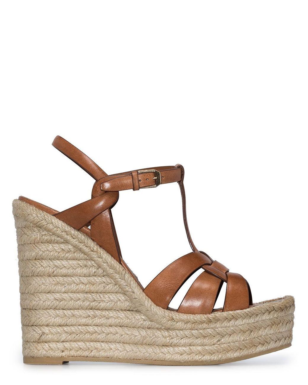 Saint Laurent T-strap 85mm Espadrille Wedge Sandals in Brown - Lyst
