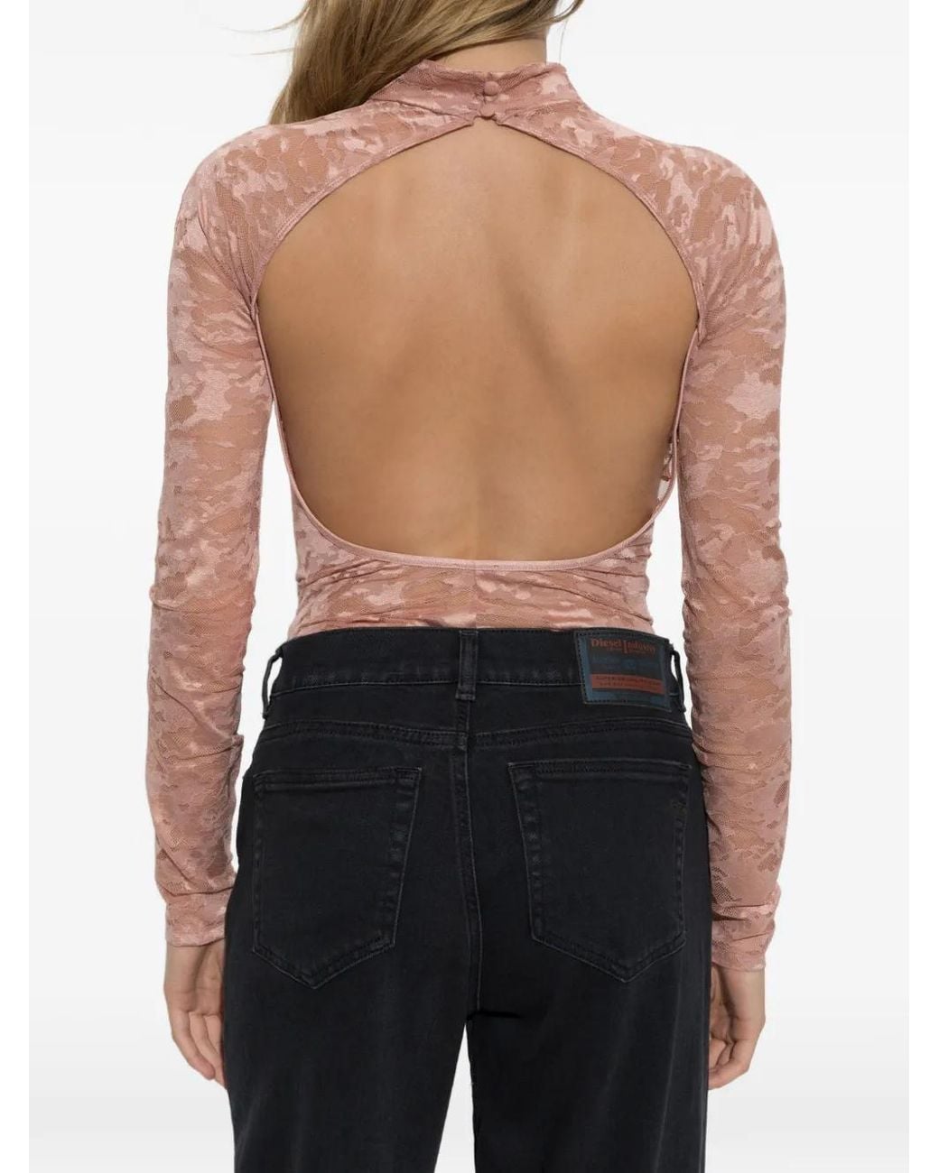 DIESEL Pink Lace-Overlay Open-Back Bodysuit