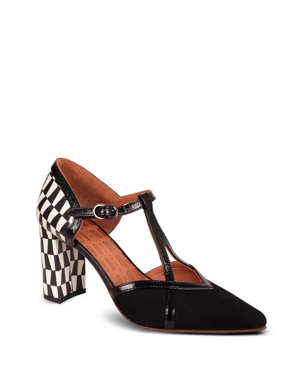 Chie Mihara White Checkered T-Bar Pumps