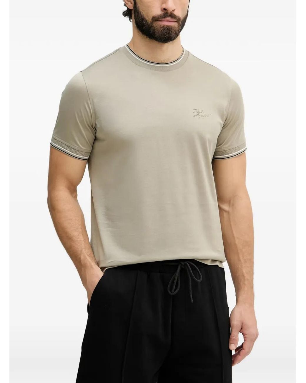 Karl Lagerfeld White Logo-Embroidered Tipped-Trim T-Shirt for men