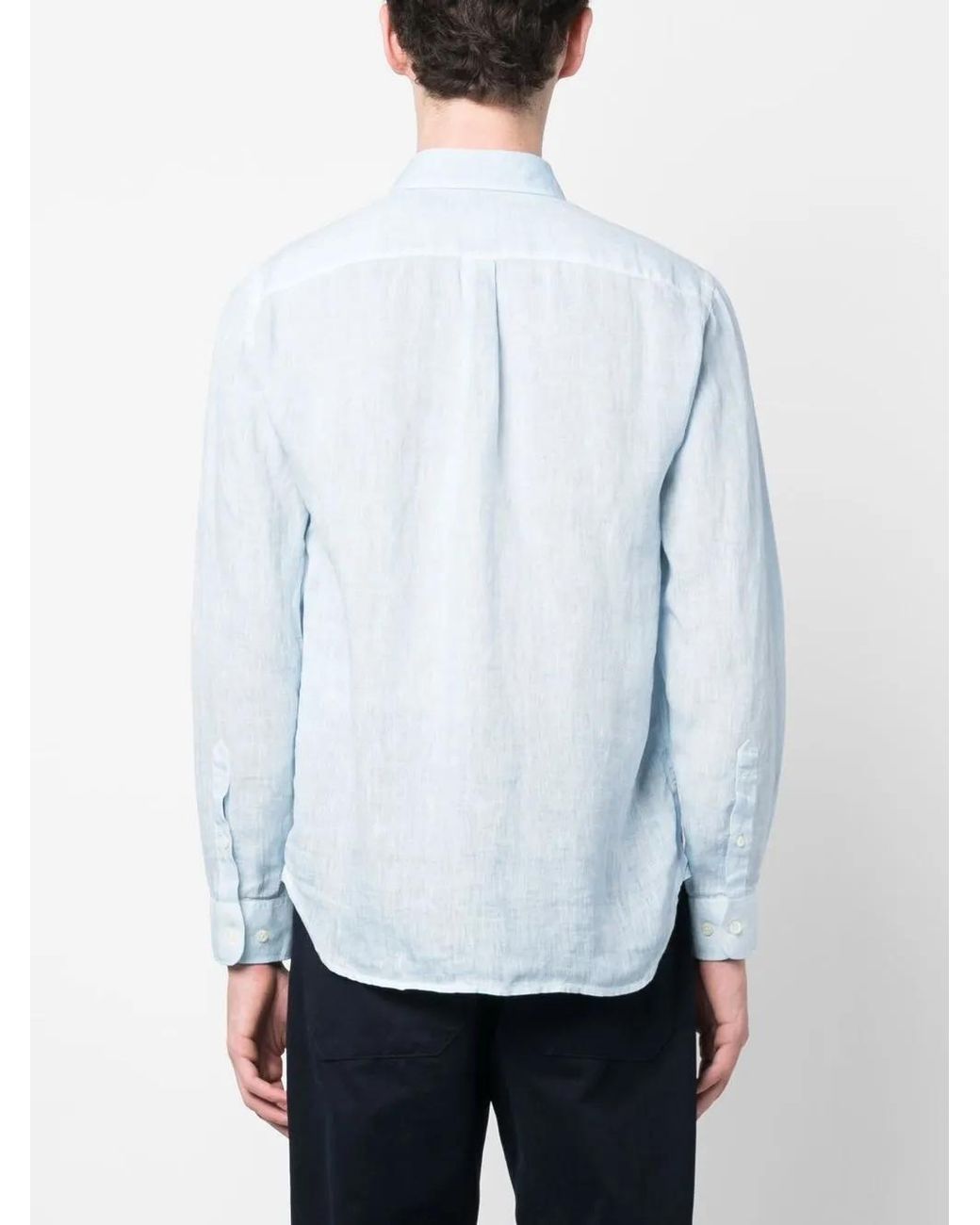 120% Lino Blue Button-Up Linen Shirt for men