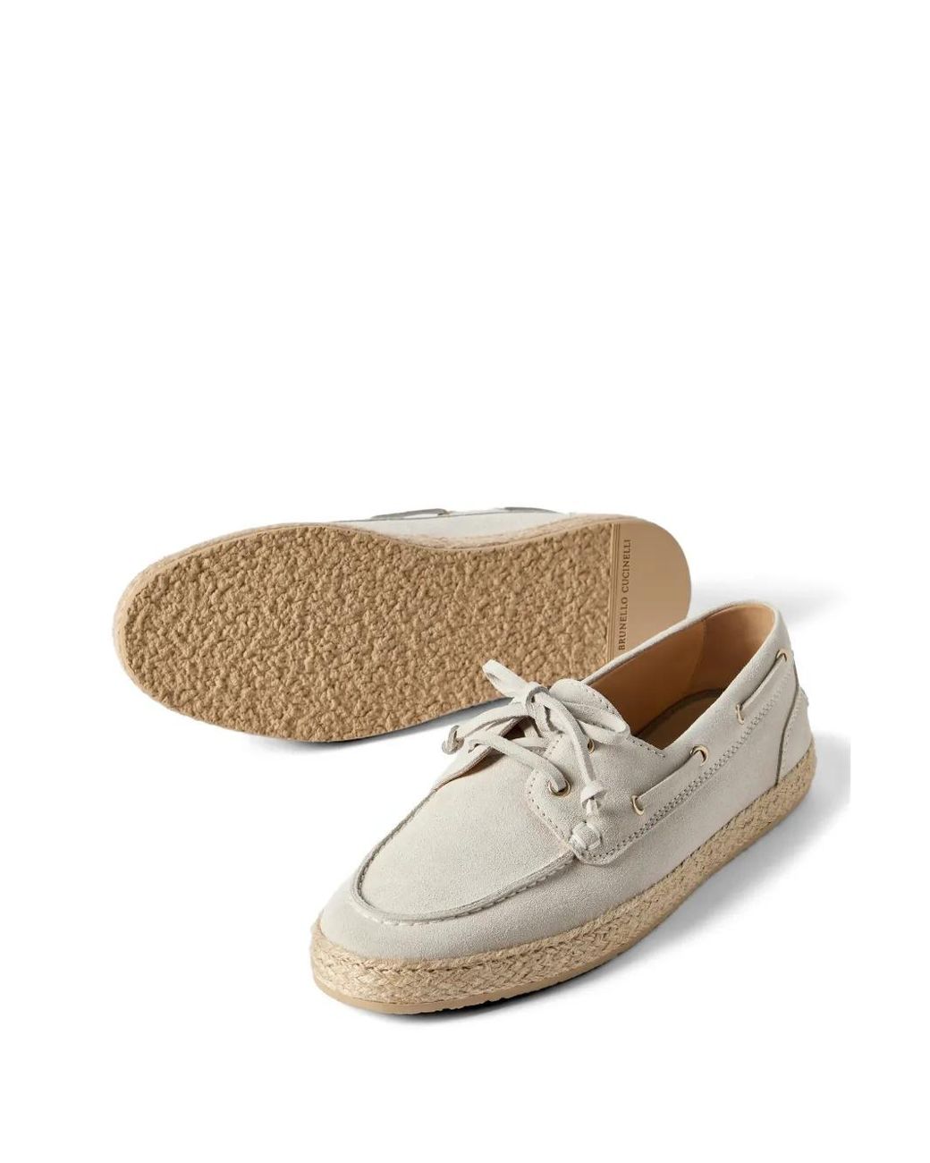 Brunello Cucinelli White Suede Boat Shoes With Rope Insert for men