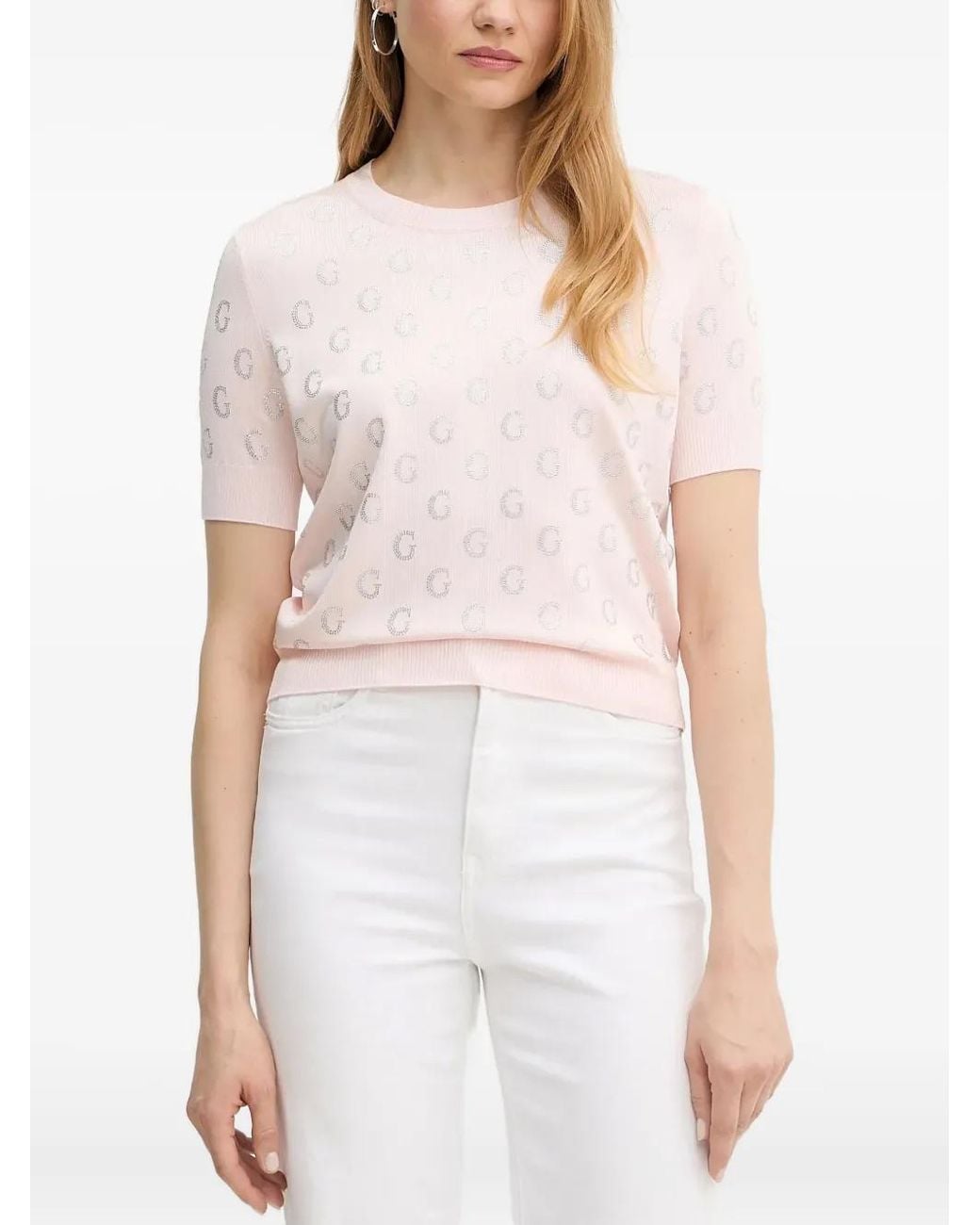 Guess White Logo-Embellished Short-Sleeves Top