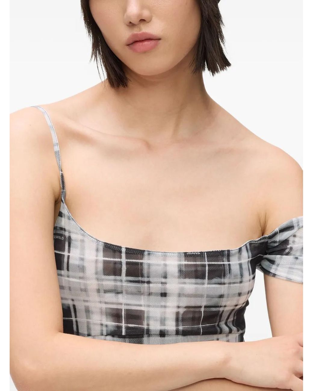 Karl Lagerfeld Gray Checked One-Shoulder Maxi Dress