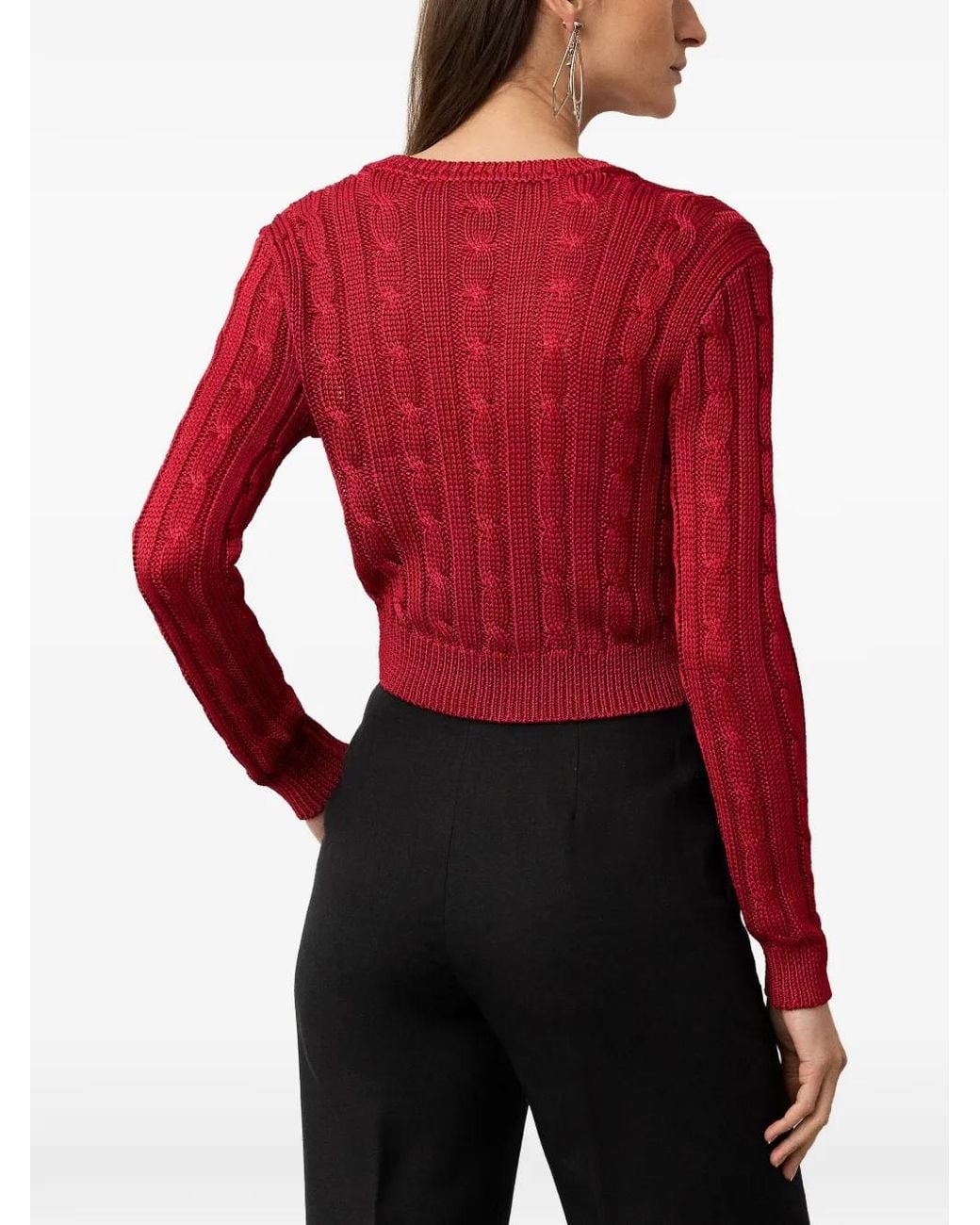 Ralph Lauren Red Cardigan En Maille Torsadée À Coupe Crop