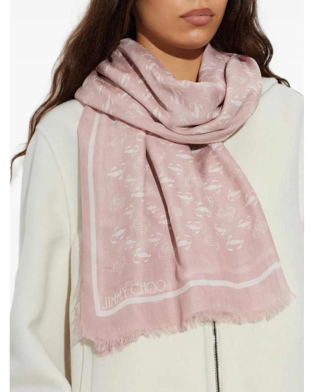 Jimmy Choo Pink Monogram-Print Frayed Scarf