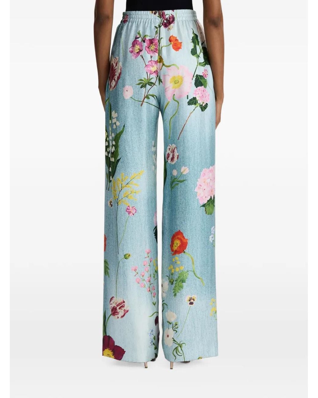 Oscar de la Renta Blue Floral-Print Silk Palazzo Pants