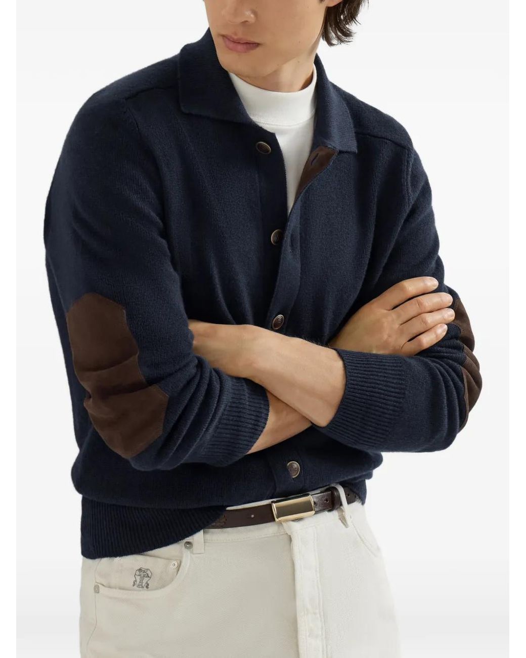 Brunello Cucinelli Blue Cardigan En Cachemire À Boutons Et Col Chemise for men