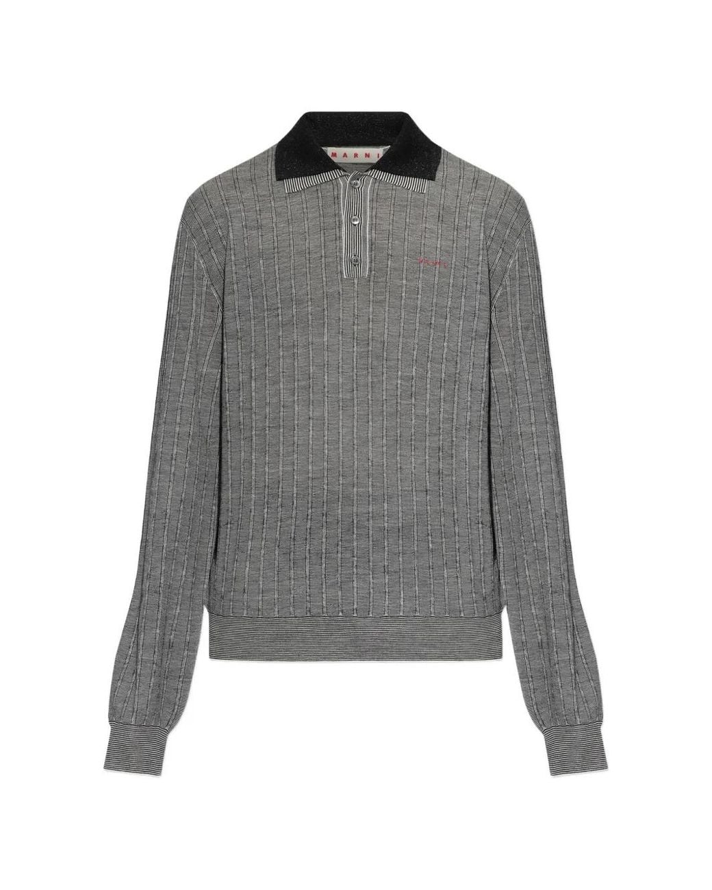 Marni Gray Ribbed Long-Sleeve Polo Shirt for men